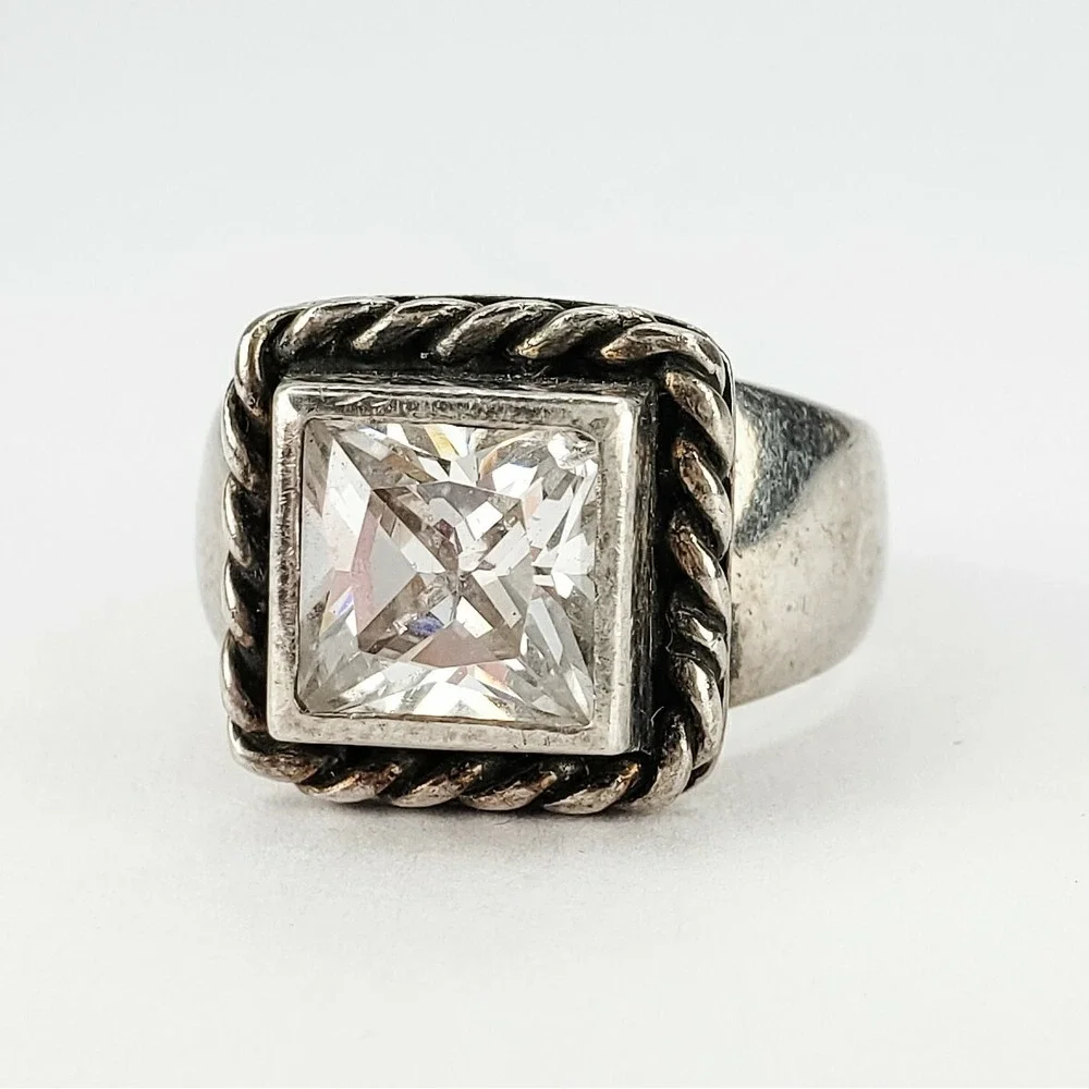 Vintage Ring Sterling Silver 925 Size 5 Square Faceted CZ Rope Border 925 7.8g